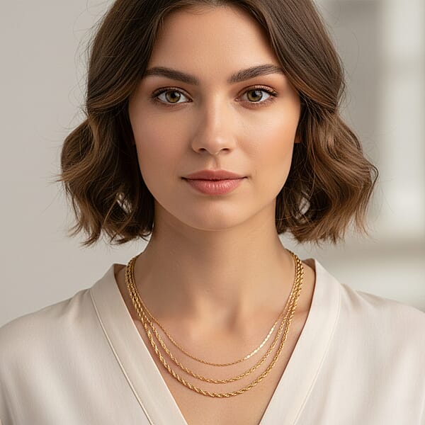Shop Lc Set Of 3 Chain Necklace In ION Plated YG Stainless Steel (Rope Chain Link Chain And Cable Chain) (20-22 Inches)