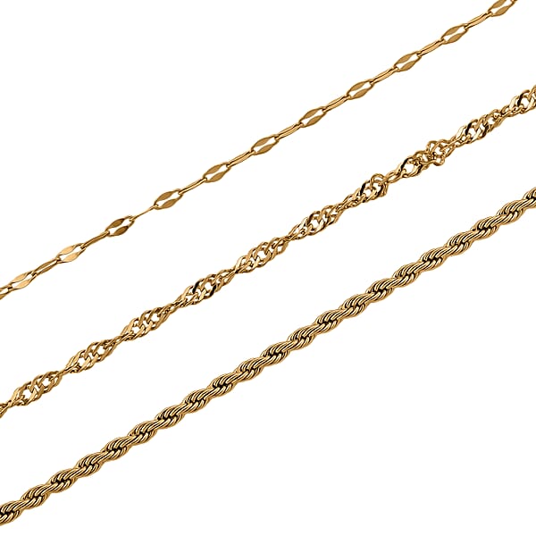 Shop Lc Set Of 3 Chain Necklace In ION Plated YG Stainless Steel (Rope Chain Link Chain And Cable Chain) (20-22 Inches)