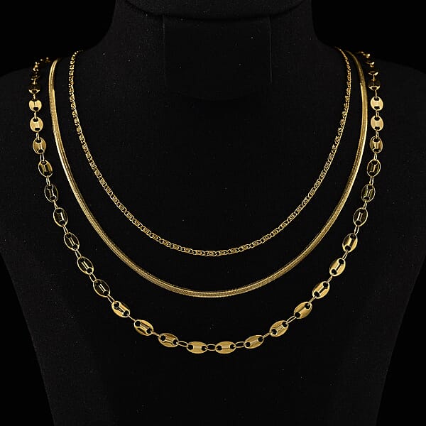 Shop Lc Set Of 3 Chain Necklace In ION Plated YG Stainless Steel ( Link Chain Small Link Chain And Snake Chain) ( (20-22 Inches)