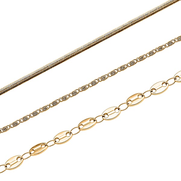 Shop Lc Set Of 3 Chain Necklace In ION Plated YG Stainless Steel ( Link Chain Small Link Chain And Snake Chain) ( (20-22 Inches)