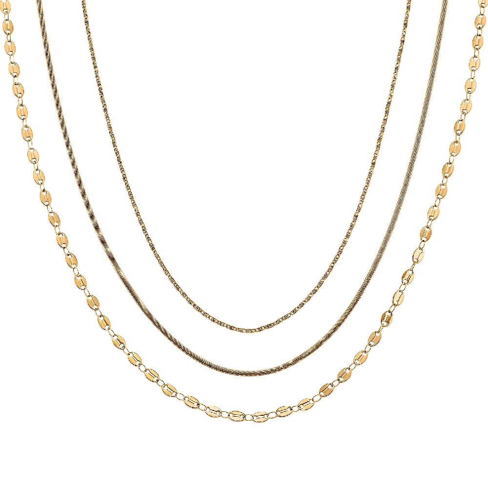 shop lc Set of 3 Chain Necklace in ION Plated YG Stainless Steel ( Link Chain Small Link Chain and Snake Chain) ( (20-22 Inches)