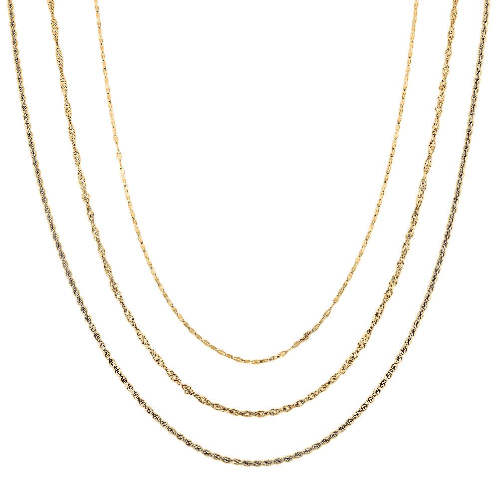 shop lc Set of 3 Chain Necklace in ION Plated YG Stainless Steel (Rope Chain Link Chain and Cable Chain) (20-22 Inches)