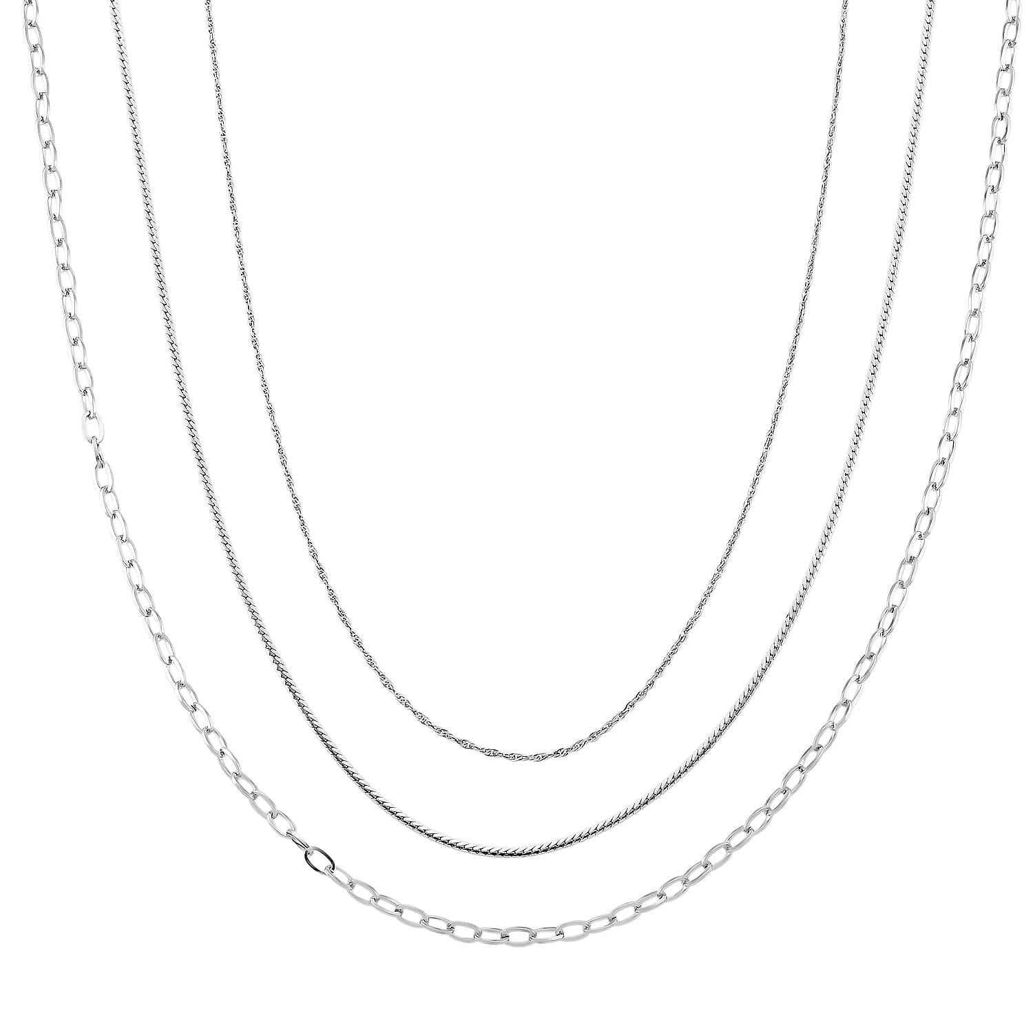 shop lc Set of 3 Fine Link and Twisted Rope Chain Necklace in Stainless Steel 20-22 Inches