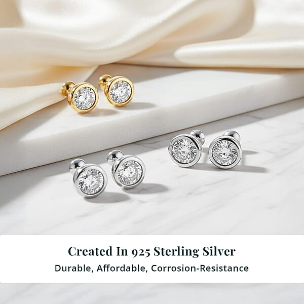 Shop Lc Set Of 3 - Luxuriant Lab Grown Diamond (G-H SI) Solitaire Stud Earrings In Rhodium And 18K Vermeil Yellow Gold Over Sterling Silver 1.50 Ctw (Del. In 10-12 Days)