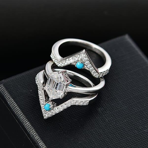 Shop Lc Set Of 3 Moissanite And Sleeping Beauty Turquoise 3.40 Ctw Stack Ring In Rhodium Over Sterling Silver