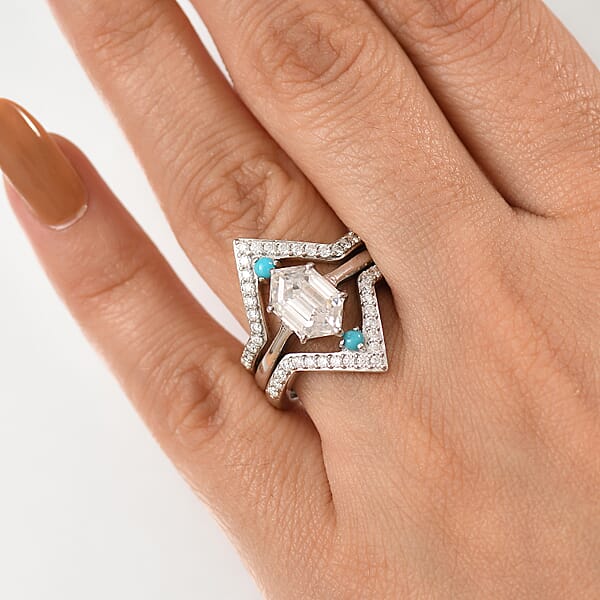 Shop Lc Set Of 3 Moissanite And Sleeping Beauty Turquoise 3.40 Ctw Stack Ring In Rhodium Over Sterling Silver
