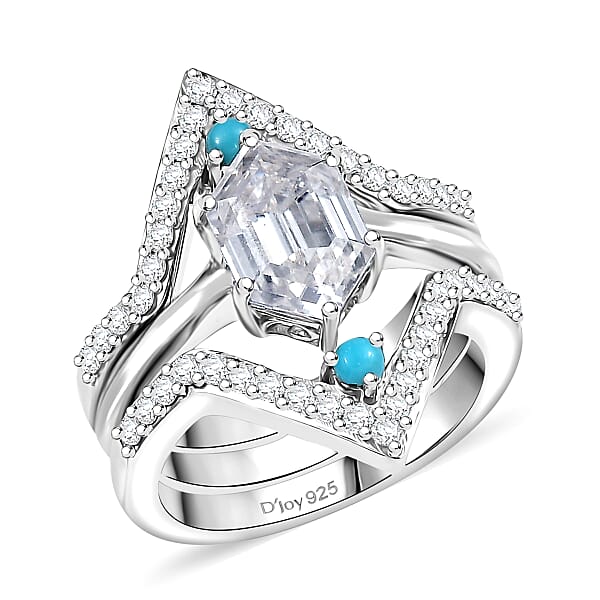 Shop Lc Set Of 3 Moissanite And Sleeping Beauty Turquoise 3.40 Ctw Stack Ring In Rhodium Over Sterling Silver