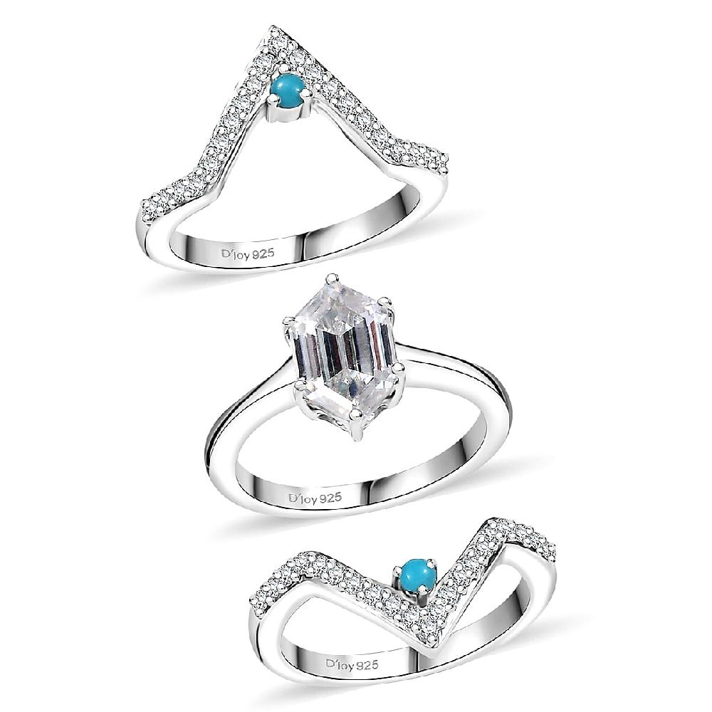 shop lc Set of 3 Moissanite and Sleeping Beauty Turquoise 3.40 ctw Stack Ring in Rhodium Over Sterling Silver