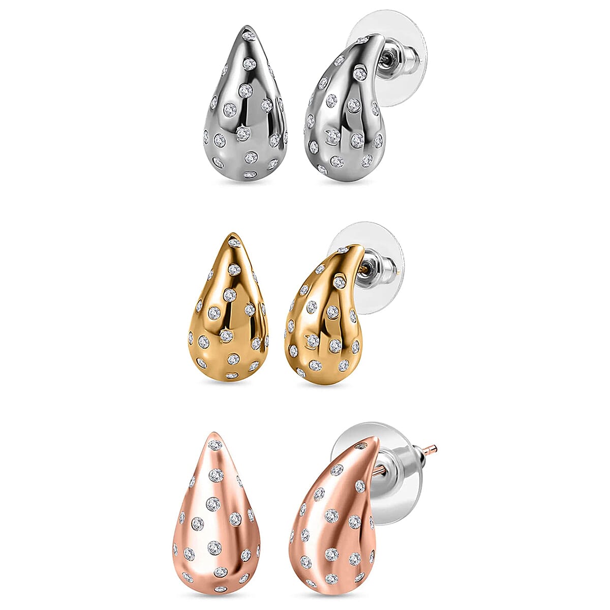 shop lc Set of 3 Moissanite Raindrop Tear Drop Statement Earrings in Vermeil Yellow Rose Gold and Platinum Over Sterling Silver 2.90 ctw