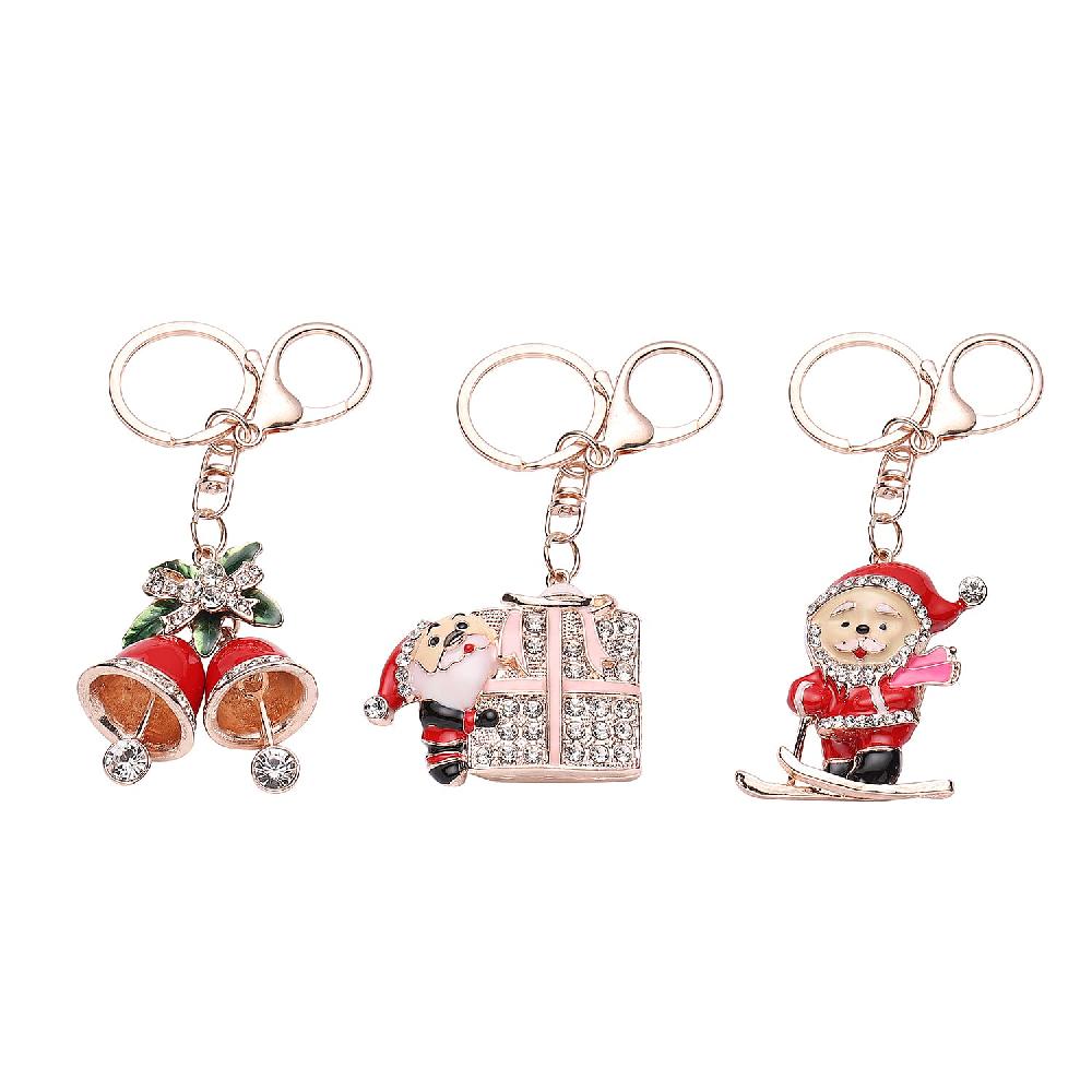 shop lc Set of 3 Multi Color Austrian Crystal Enameled Skiing Santa Jingle Bells & Christmas Present Keychain in Rosetone