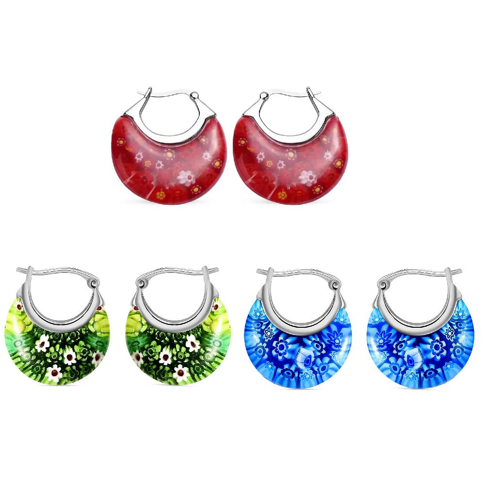 shop lc Set of 3 Red Green and Blue Murano Style Basket Earrings in Stainless Steel (Del. In 10-12 Days)