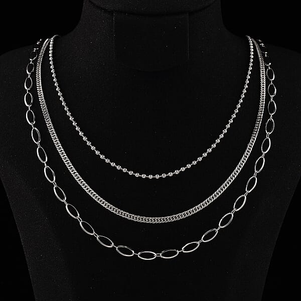 Shop Lc Set Of 3 Wave Cloud And Beaded Texture Necklace In Stainless Steel 20-22 Inches