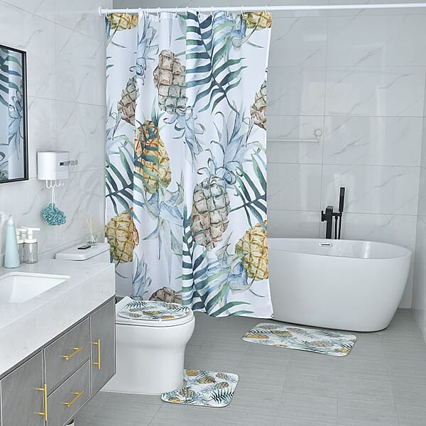 Shop Lc Set Of 4 Green Pineapple Pattern Bathroom 100% Polyester Shower Curtain Floor Mat Toilet Cover Toilet Mat