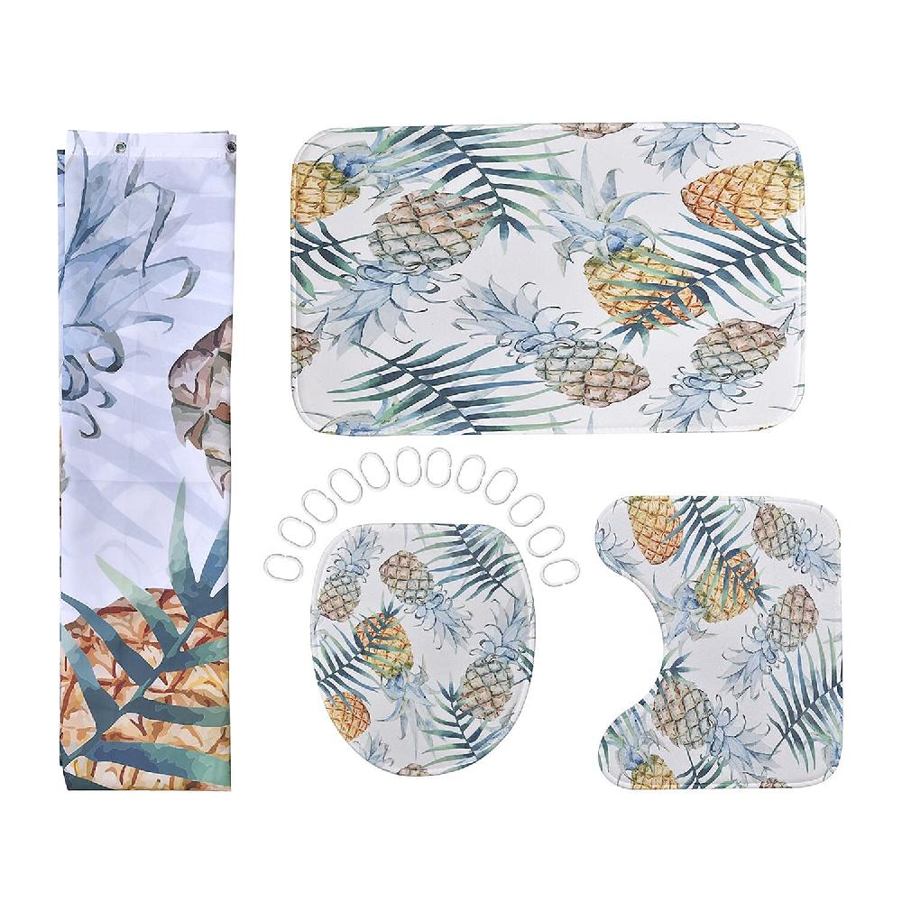 shop lc Set of 4 Green Pineapple Pattern Bathroom 100% Polyester Shower Curtain Floor Mat Toilet Cover Toilet Mat