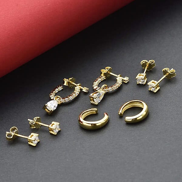 Shop Lc Set Of 4 Simulated Diamond 2.85 Ctw Earrings Huggie Hoop Earrings With Tear Drop Interchangeable Charms Plain Ear Cuffs Stud Earrings For Women In 14K YG Over Sterling Silver