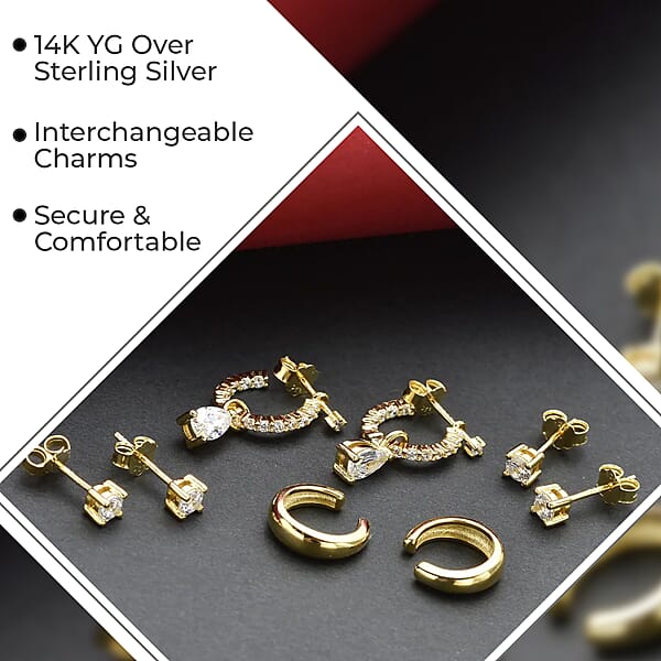 Shop Lc Set Of 4 Simulated Diamond 2.85 Ctw Earrings Huggie Hoop Earrings With Tear Drop Interchangeable Charms Plain Ear Cuffs Stud Earrings For Women In 14K YG Over Sterling Silver