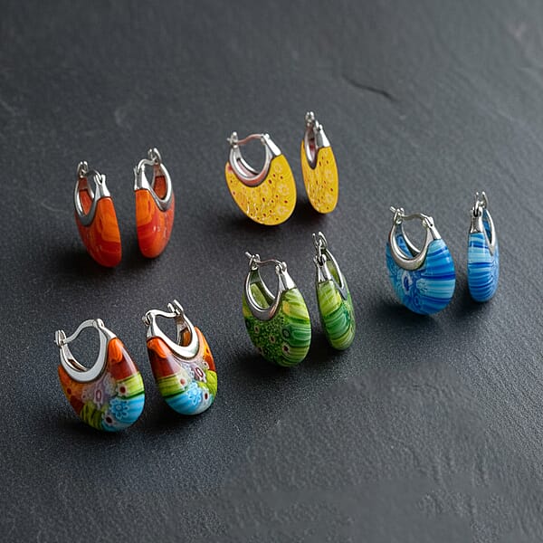 Shop Lc Set Of 5 Multi Color Murano Style Basket Earrings In Stainless Steel (Del. In 10-12 Days)