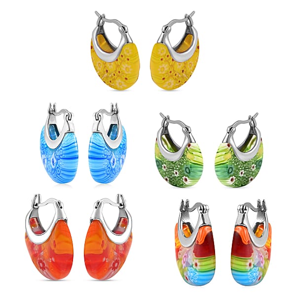 Shop Lc Set Of 5 Multi Color Murano Style Basket Earrings In Stainless Steel (Del. In 10-12 Days)