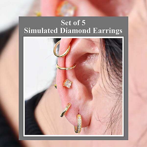 Shop Lc Set Of 5 Simulated Diamond 1.40 Ctw Earrings In 14K YG Over Sterling Silver Simulated Diamond Solitaire Studs Tribal Pattern Earrings Plain Ear Cuffs Simulated Diamond Studs