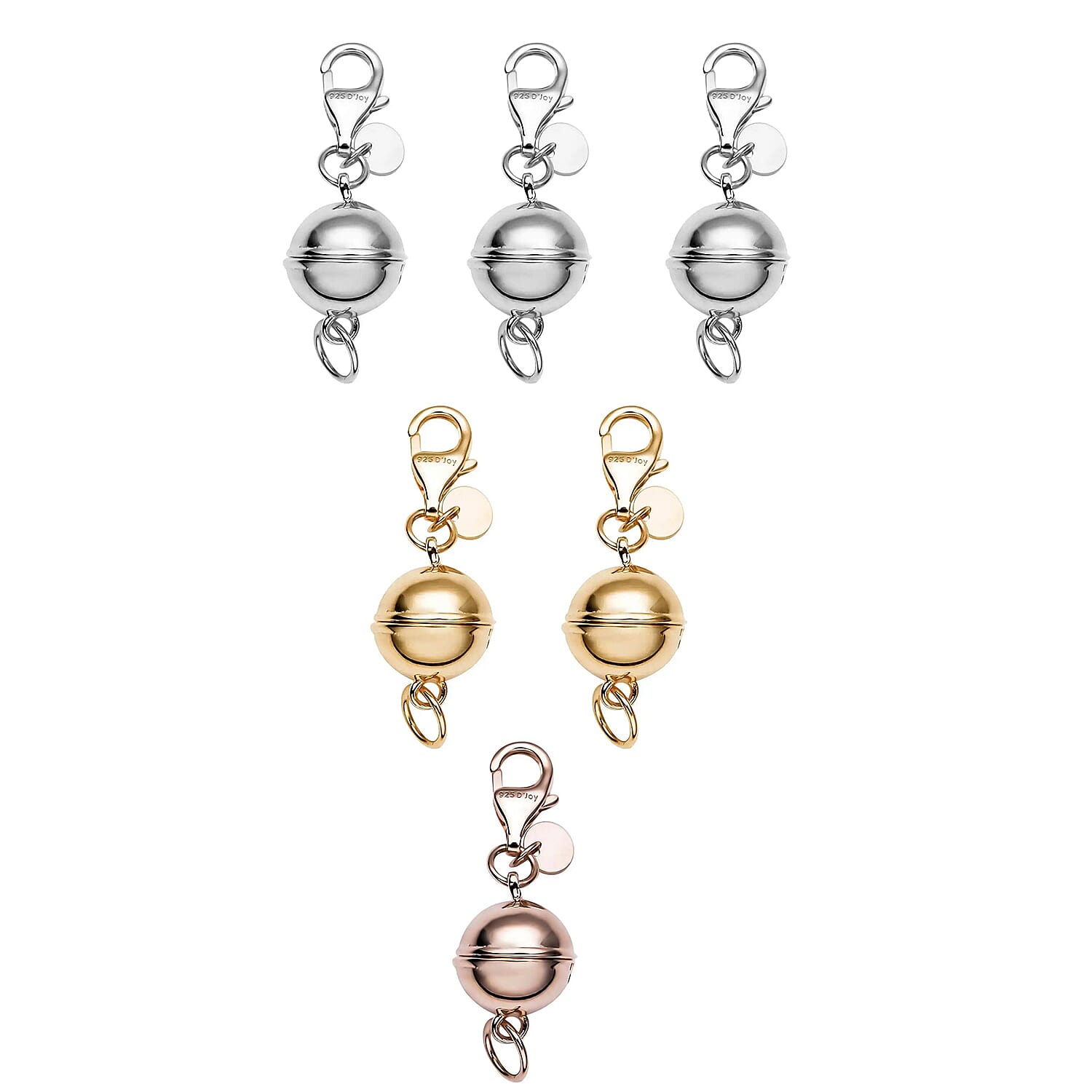 shop lc Set of 6 Rhodium 14K YG and RG Over Sterling Silver 9mm Round Magnetic Lock with Lobster Clasp (14.82 g)
