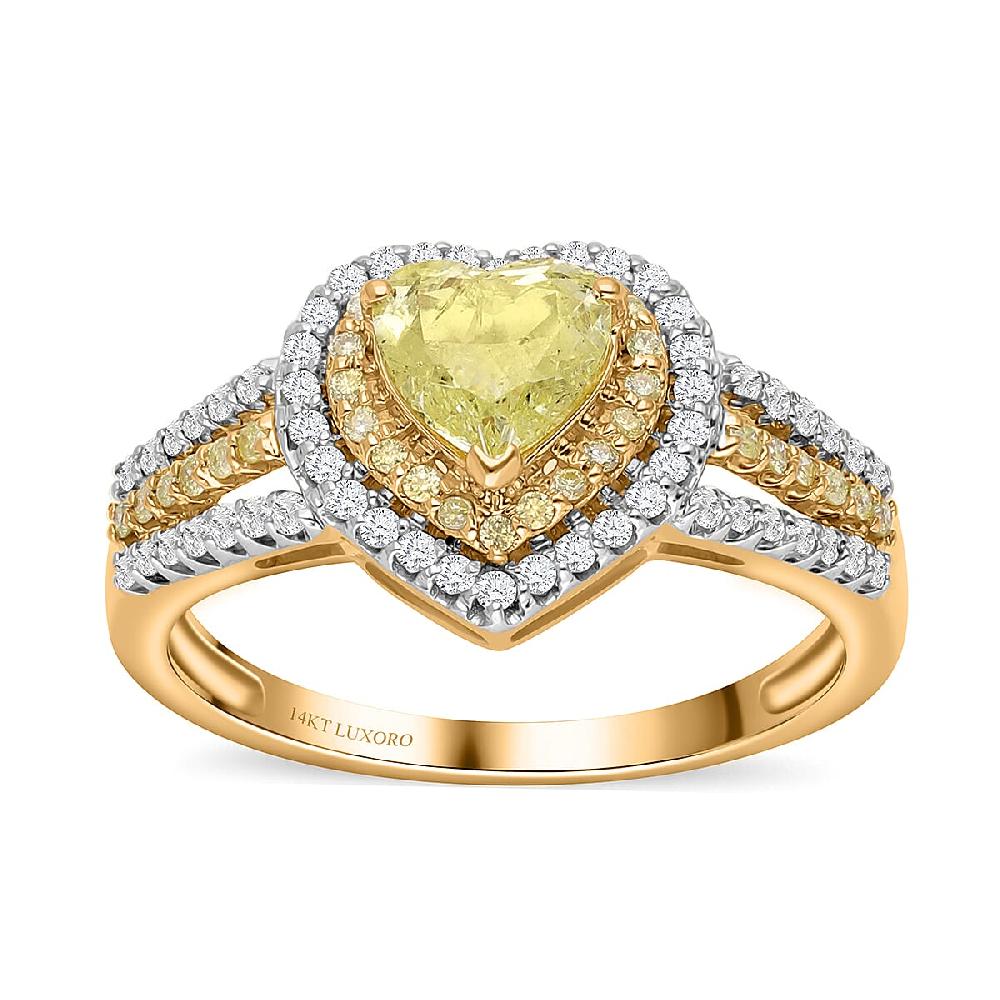 shop lc SGL Certified Luxoro 14K Yellow Gold Natural Yellow and White Diamond I1-I2 Heart Ring 4.10 Grams 1.50 ctw