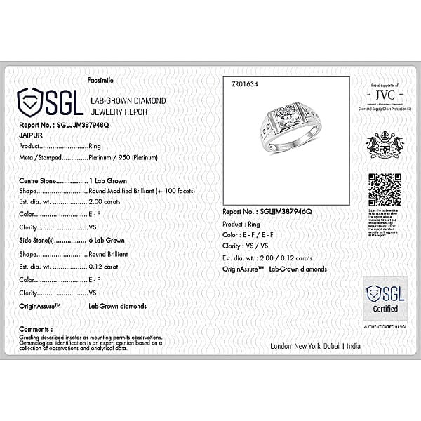 Shop Lc SGL Certified Luxuriant Lab Grown Diamond (E-F VS) Art Deco Men's Ring In 950 Platinum 2.20 Ctw