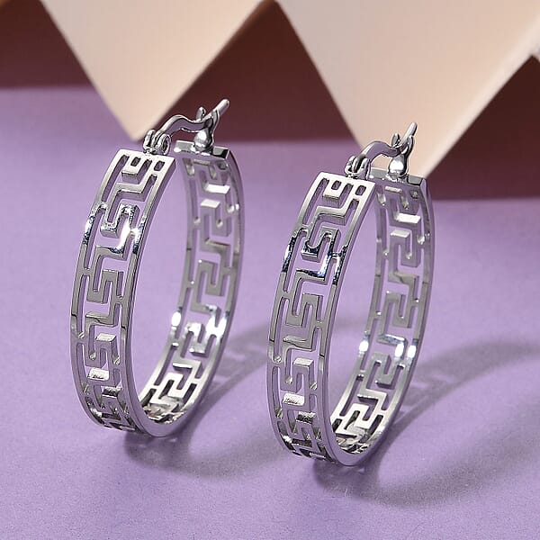 Shop Lc Greek Key Hoop Earrings In Stainless Steel