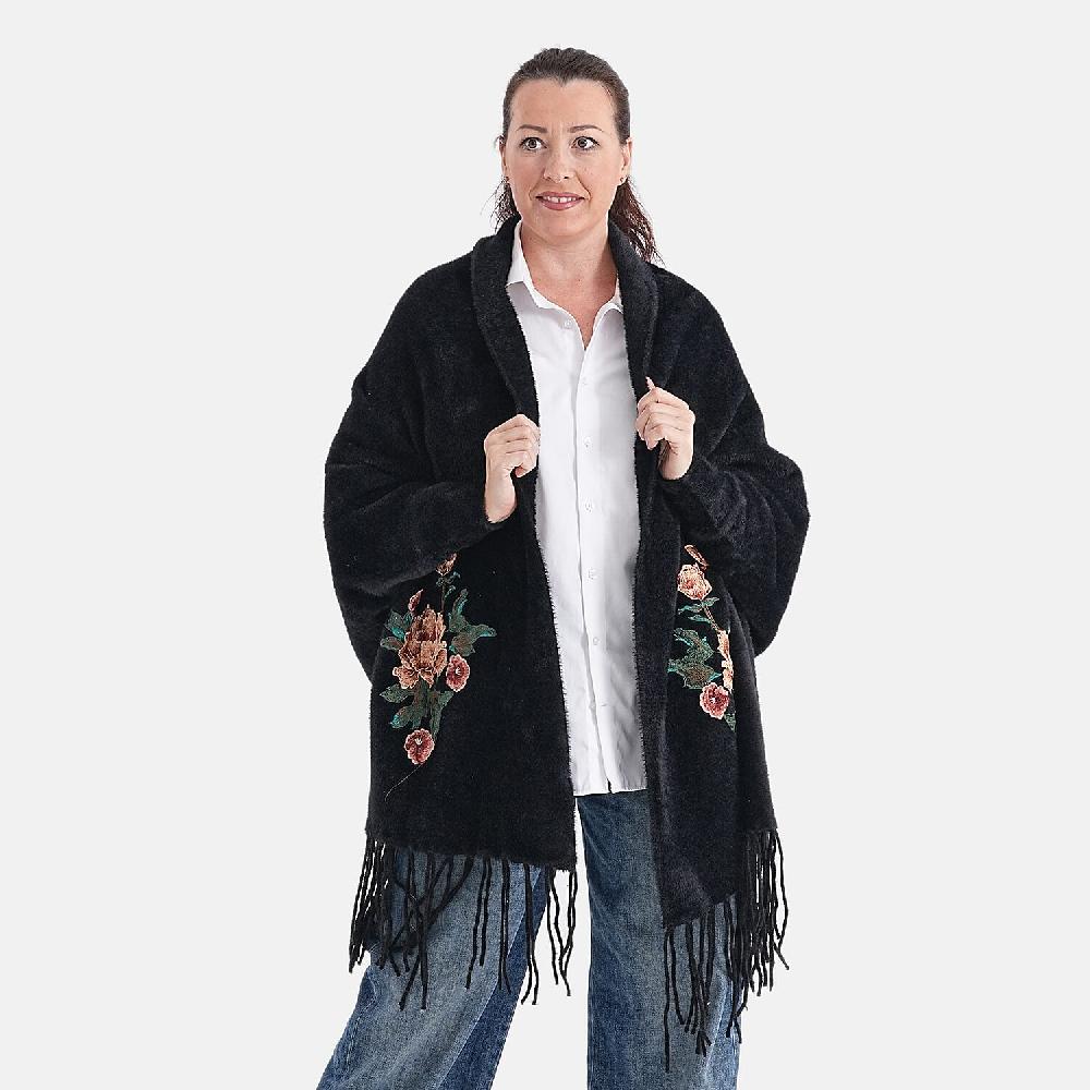shop lc La Marey Black Embroidery Tassel Poncho