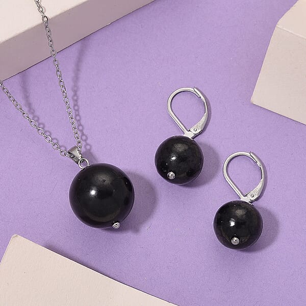Shop Lc Shungite 47.00 Ctw Lever Back Earrings And Pendant Without Chain In Stainless Steel