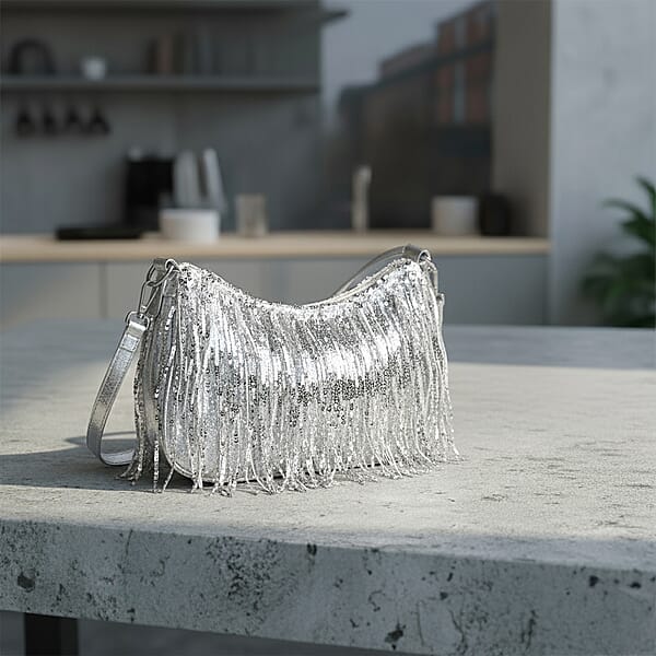 Shop Lc Silver Faux Leather And Sequin Timeless Fringe Crossbody Bag With Shoulder Bag