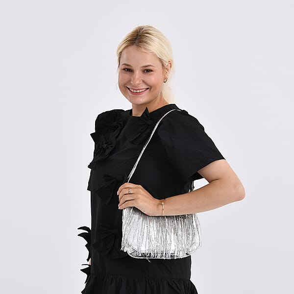 Shop Lc Silver Faux Leather And Sequin Timeless Fringe Crossbody Bag With Shoulder Bag