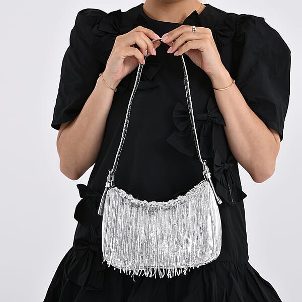Shop Lc Silver Faux Leather And Sequin Timeless Fringe Crossbody Bag With Shoulder Bag