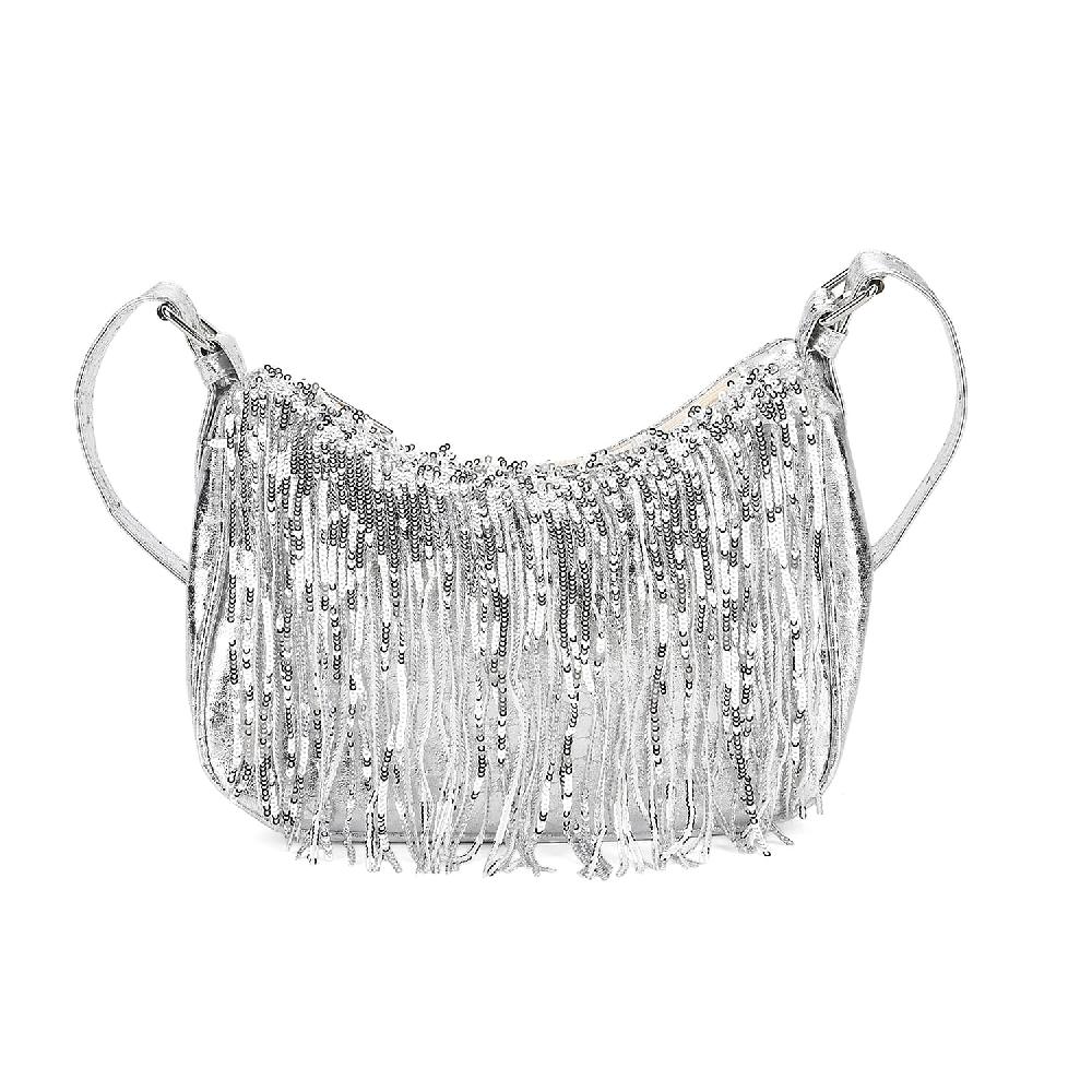 shop lc Silver Faux Leather and Sequin Timeless Fringe Crossbody Bag with Shoulder Bag