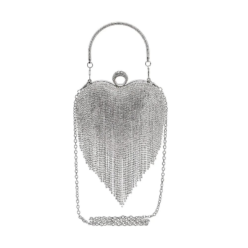 shop lc Silver Heart Shape Tassel Clutch Bag for Women with Handle and Removable Chain Strap Women Purse Designer Bags Ladies Purse Handbags for Women