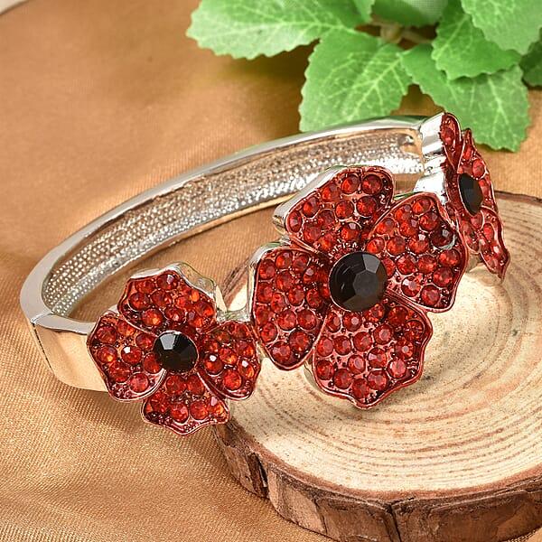 Shop Lc Simulated Black Pearl Red And Black Austrian Crystal Enameled Poppy Design Bangle Bracelet In Silvertone (7 In)