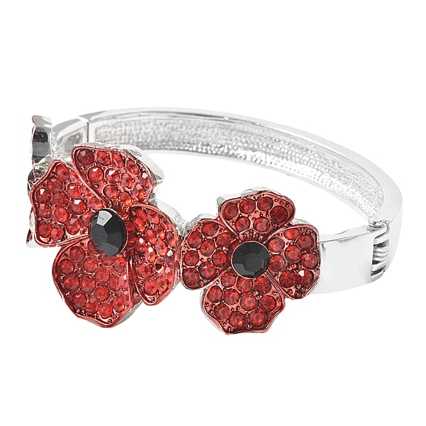 Shop Lc Simulated Black Pearl Red And Black Austrian Crystal Enameled Poppy Design Bangle Bracelet In Silvertone (7 In)