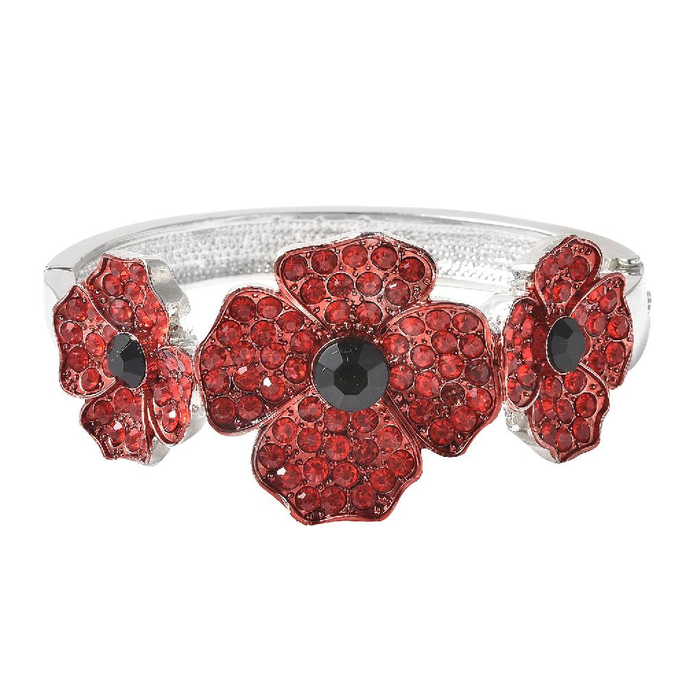 shop lc Simulated Black Pearl Red and Black Austrian Crystal Enameled Poppy Design Bangle Bracelet in Silvertone (7 in)