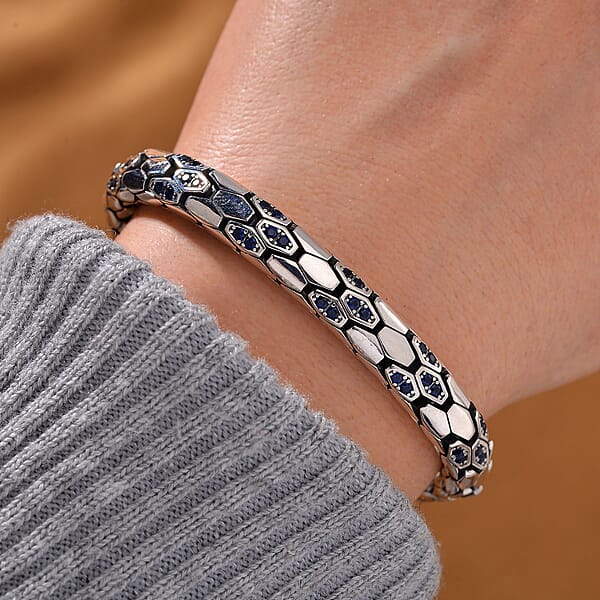 Shop Lc Simulated Blue Diamond HexaLuxe Bangle Bracelet In Sterling Silver (8.00 In)