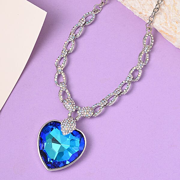 Shop Lc Simulated Blue Quartz And Mystic White Austrian Crystal Heart Necklace In Silvertone 20-22 Inches