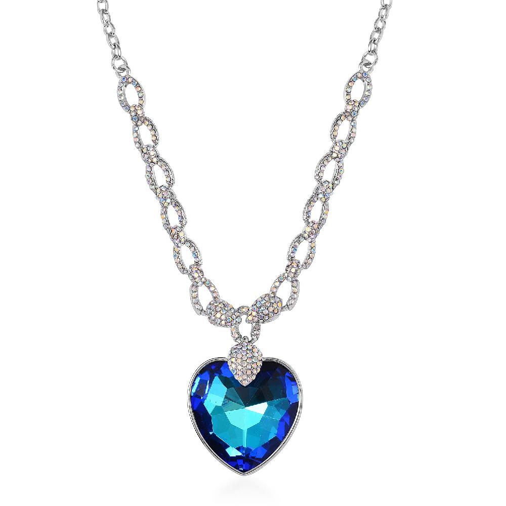 shop lc Simulated Blue Quartz and Mystic White Austrian Crystal Heart Necklace in Silvertone 20-22 Inches