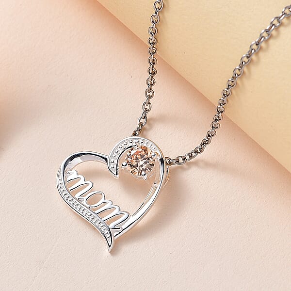 Shop Lc Simulated Champagne Diamond Mom Heart Pendant In Sterling Silver With Stainless Steel Necklace 20 Inches 0.80 Ctw