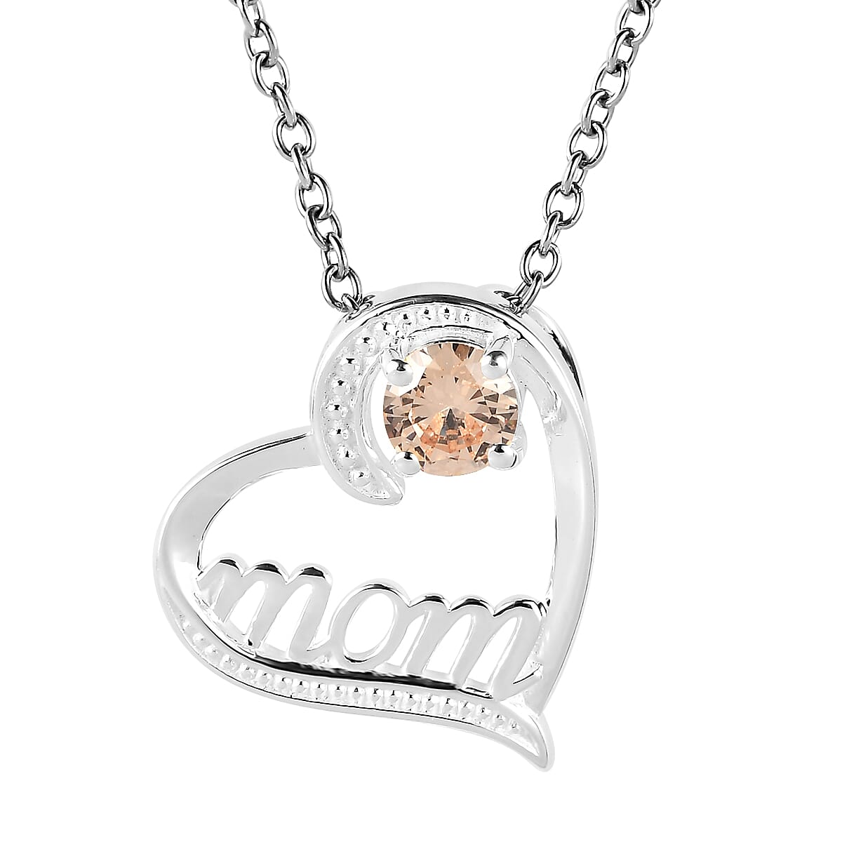 shop lc Simulated Champagne Diamond Mom Heart Pendant in Sterling Silver with Stainless Steel Necklace 20 Inches 0.80 ctw