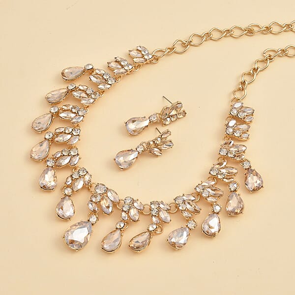 Shop Lc Simulated Champagne Sapphire And Champagne Austrian Crystal Earrings And Necklace 20-22 Inches In Goldtone