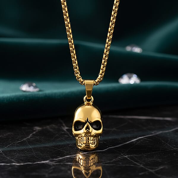 Shop Lc Simulated Diamond Bold Skull Pendant Necklace In ION Plated YG Stainless Steel 0.30 Ctw (20-22 Inches)