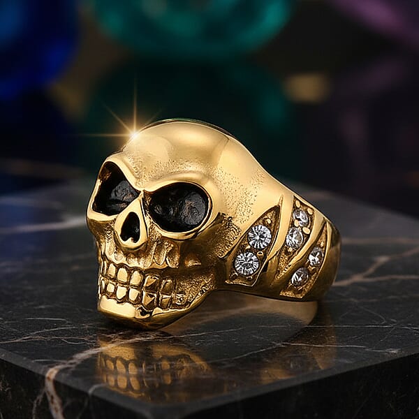 Shop Lc Simulated Diamond Bold Skull Ring In ION Plated YG Stainless Steel 0.30 Ctw