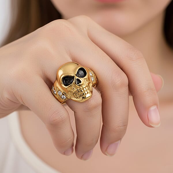 Shop Lc Simulated Diamond Bold Skull Ring In ION Plated YG Stainless Steel 0.30 Ctw