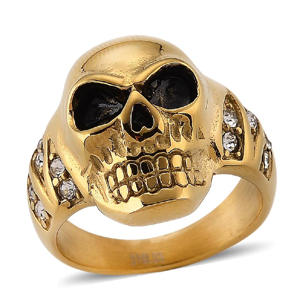 shop lc Simulated Diamond Bold Skull Ring in ION Plated YG Stainless Steel 0.30 ctw