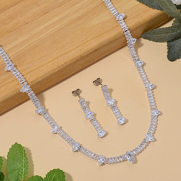 Shop Lc Simulated Diamond Designer Style Everyday Luxury Set Necklace 20 Inches And Earrings In Silvertone