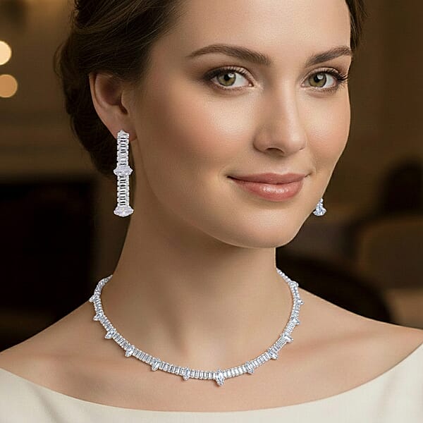 Shop Lc Simulated Diamond Designer Style Everyday Luxury Set Necklace 20 Inches And Earrings In Silvertone