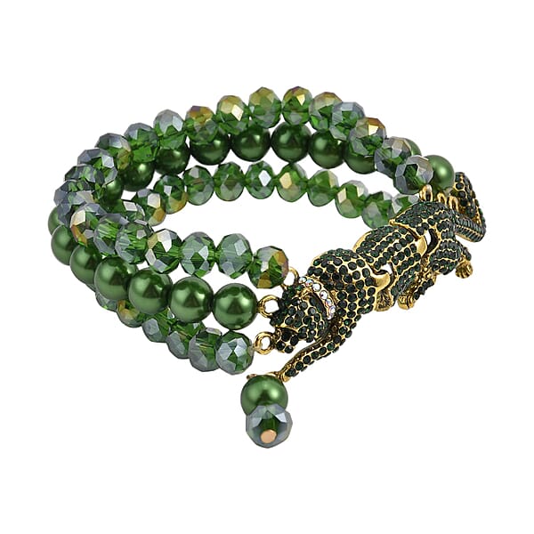 Shop Lc Simulated Green Pearl And Multi Gemstone Multi Row Bracelet With Leopard Charm In Goldtone (7.5-9.5In)